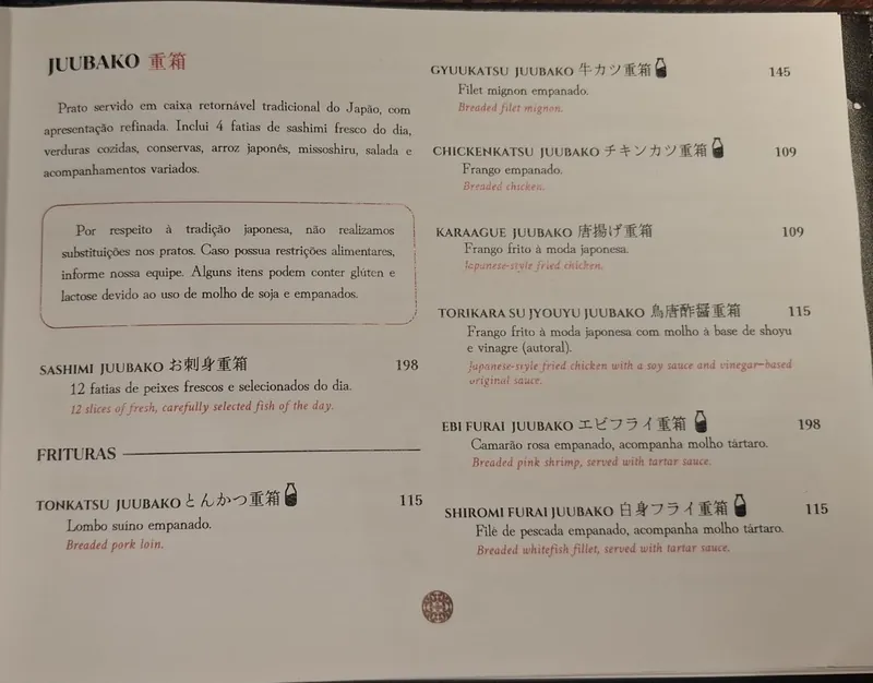Página real do cardápio Juubako do Kidoairaku